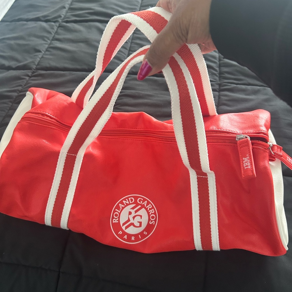 Roland Garros Red and White Duffle Tennis Bag - Leather. With towel.